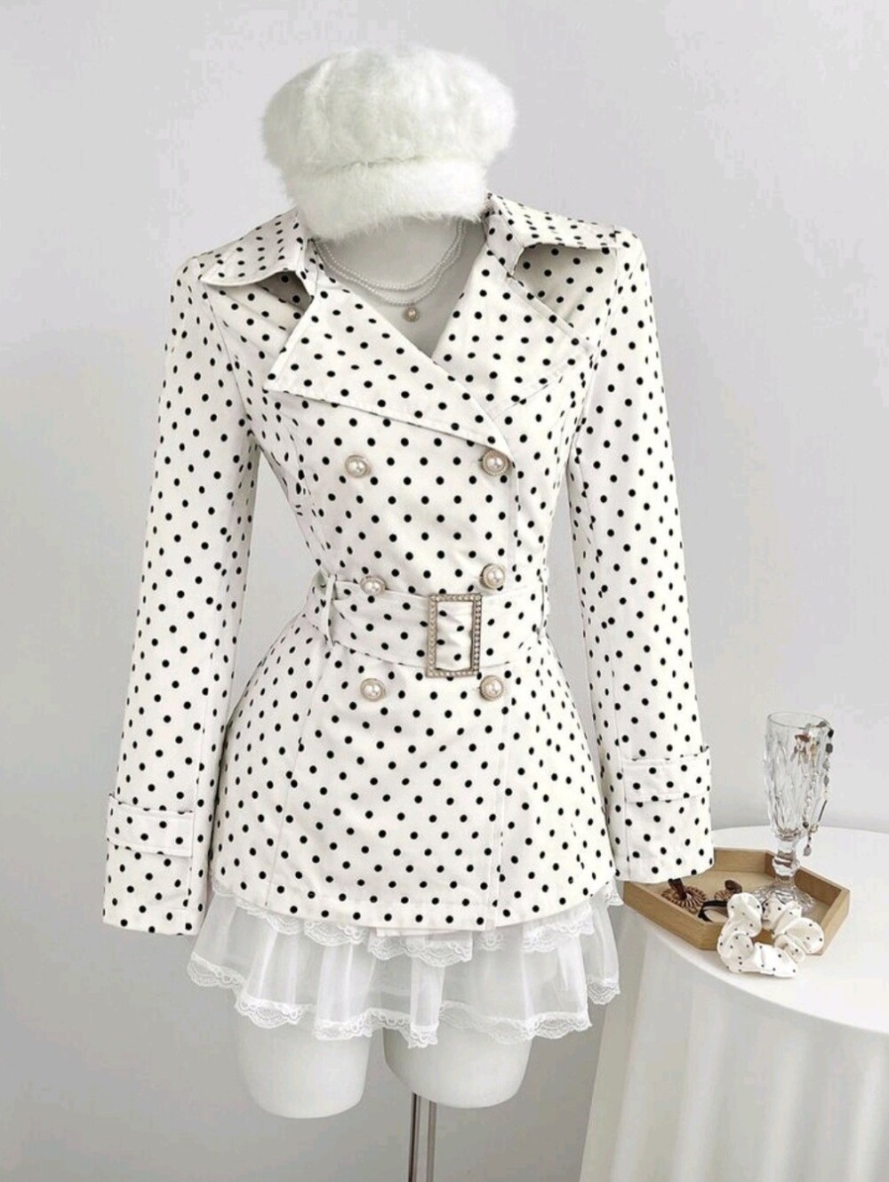 Women's Polka Dot Waist-Cinching Lapel Long Sleeve Trench Coat, Casual Style